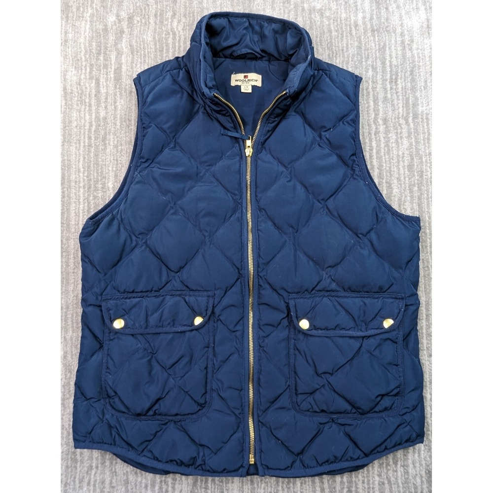 Woolrich Womens Quilted Puffer Vest Duck Down Fill Navy Blue Mock Neck Size L